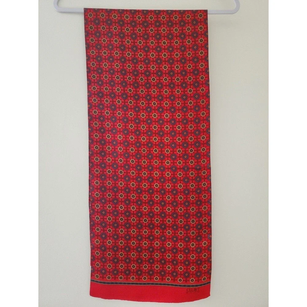 Club 7 Echo Silk Scarf Rectangular Logo Red Gray 11.5